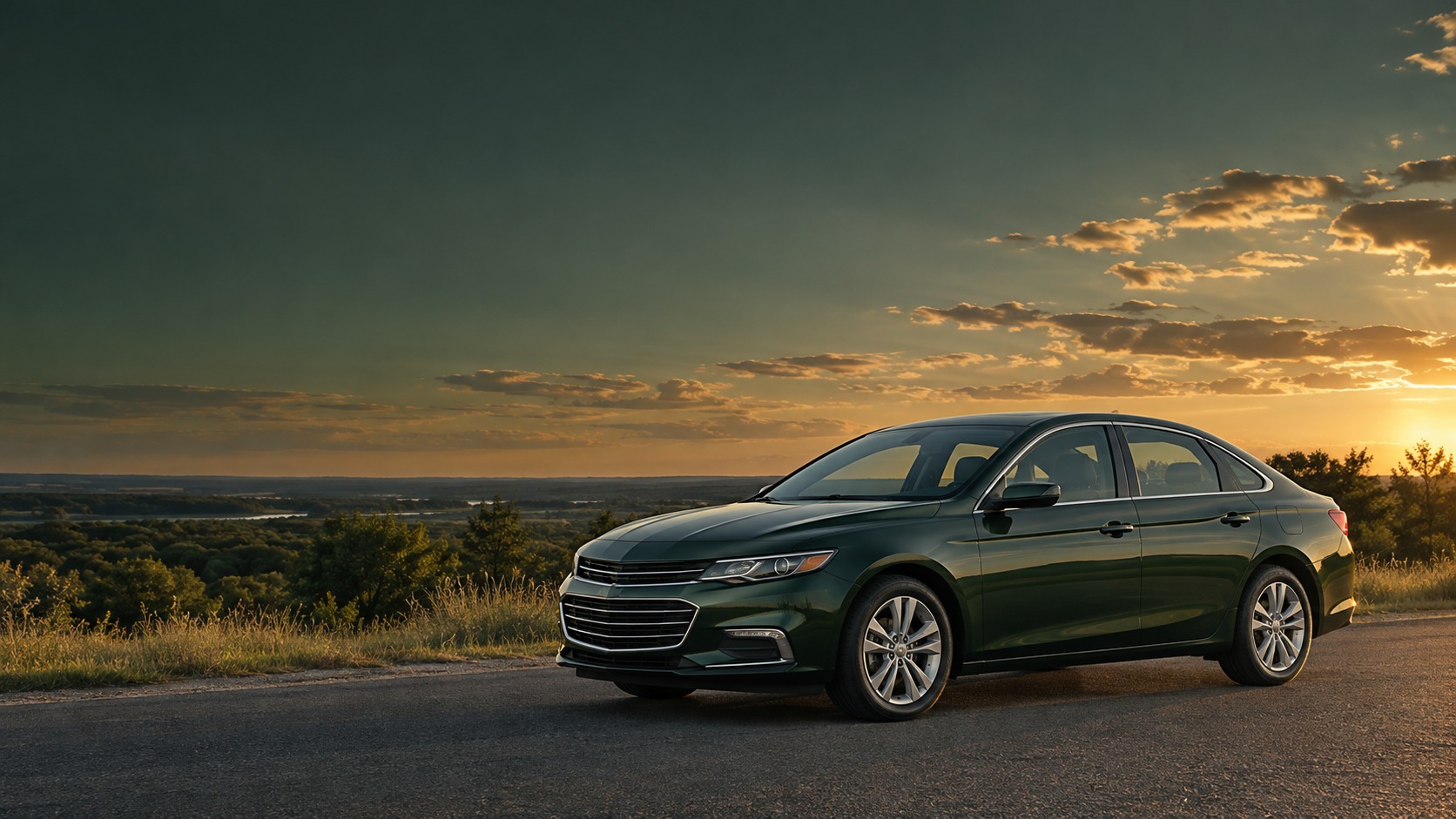 Illustrative scene of an everyday green sedan on a quiet Texas road